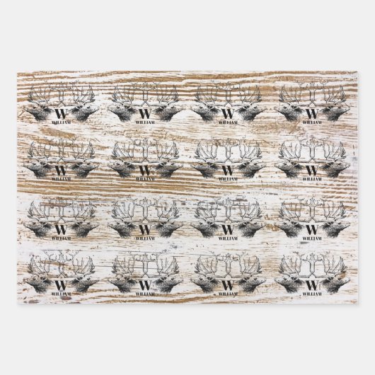 Rustikale Holztextur Hirschbaum Monogramm Geschenkpapier Set (Vorderseite 3)