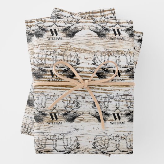 Rustikale Holztextur Hirschbaum Monogramm Geschenkpapier Set (Beispiel)