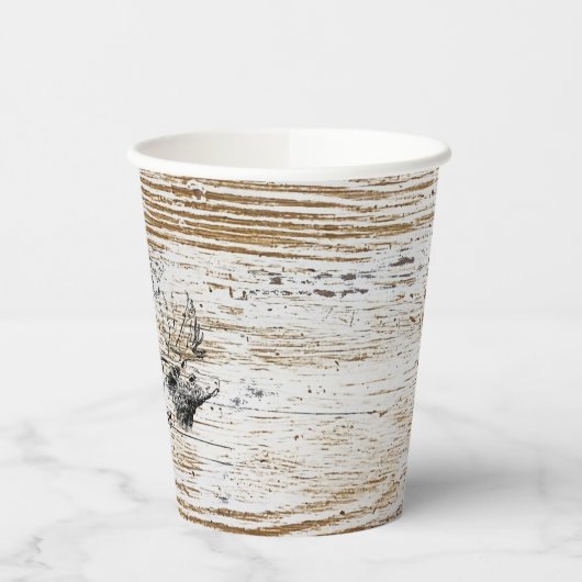 Rustikale Holztextur Hirschbaum Monogramm Pappbecher (Links)