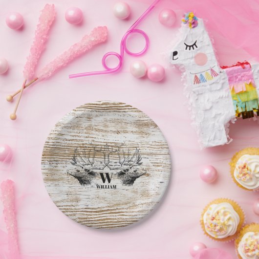 Rustikale Holztextur Hirschbaum Monogramm Pappteller (Party)