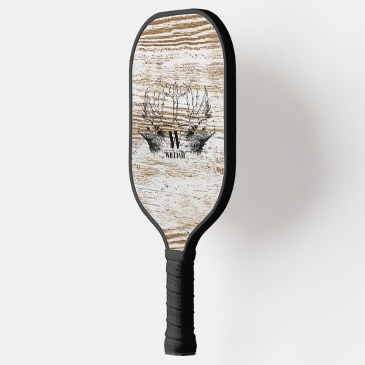 Rustikale Holztextur Hirschbaum Monogramm Pickleball Schläger (Links)