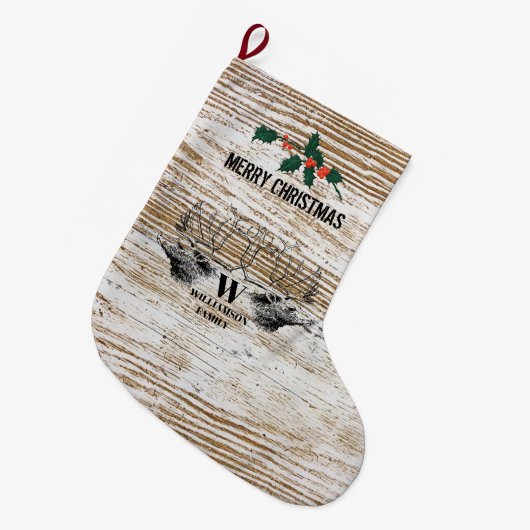 Rustikale Holztextur Hirschbaumhütte Großer Weihnachtsstrumpf (Vorderansicht (hängend))