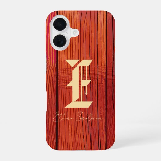 Rustikale Holztextur Monogram iPhone 16 Hülle (Rückseite)