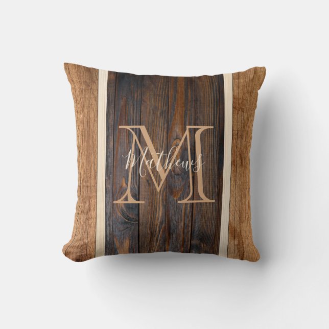 Rustikale Holztöne Monogramm Streifen Kissen (Vorderseite)