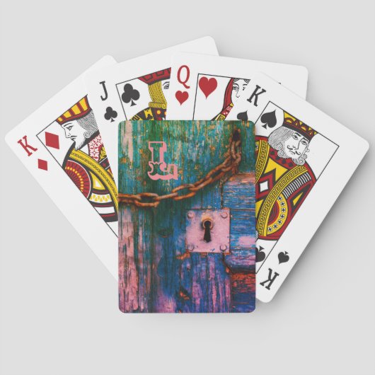 Rustikale Holztüre, blaue, rosa grüne Schlüsselloc Spielkarten (Rückseite)