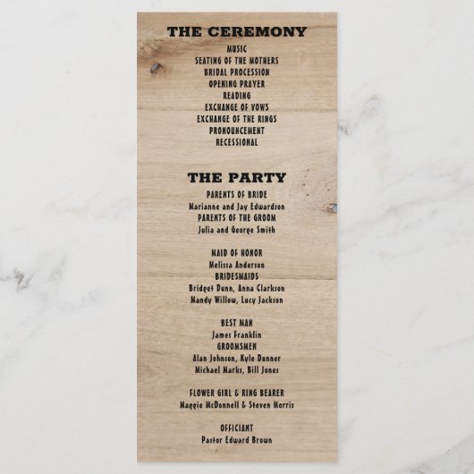 Rustikale Holztypografie ländliches Land Hochzeit Programm (Rückseite)