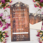 Rustikale Holzwinger-Hochzeit All In One Einladung<br><div class="desc">Diese preisgünstigen Rustic Wood String Light Wedding Einladungen sind mit einer durchsichtigen,  perforierten UAWG-Postkarte gestaltet. Falten Sie einfach jede Karte in die umrissene Form,  und dann Siegel und senden - kein Umschlag für den Versand erforderlich.</div>