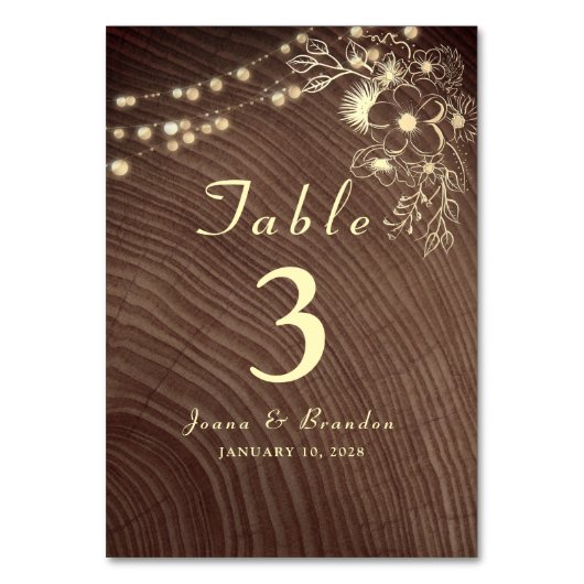 Rustikale Holzwinger-Hochzeit Tischnummer (Vorderseite)