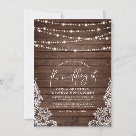 Rustikale Holzwinger-Leuchten & Spitzen-SkriptWedd Einladung (Vorderseite)