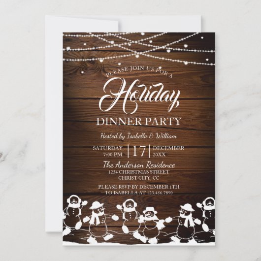 Rustikale Holzwinger-Lichter Snowman-Feier Einladung (Vorderseite)