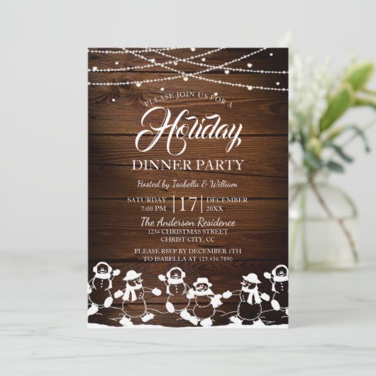 Rustikale Holzwinger-Lichter Snowman-Feier Einladung (Stehend Vorderseite)