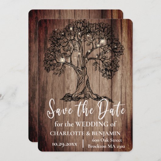 Rustikale Holzwolle und Streicheleichen Hochzeit Save The Date (Vorne/Hinten)