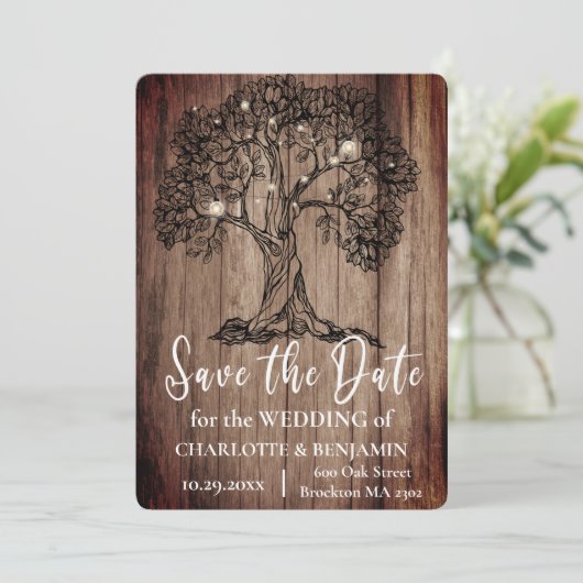 Rustikale Holzwolle und Streicheleichen Hochzeit Save The Date (Stehend Vorderseite)