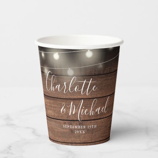 Rustikale Holzzeichenbeleuchtung Signature Script Pappbecher (Rückseite)