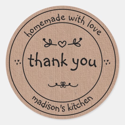 Rustikale Homemade mit Liebe Kraft Paper Danke Runder Aufkleber (Vorderseite)