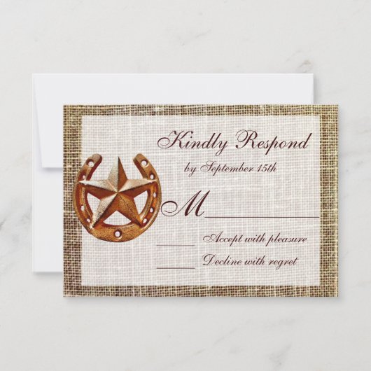 Rustikale Horseshoe Star Burlap Wedding RSVP Cards Karte (Vorderseite)