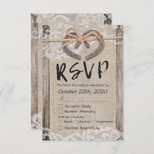 Rustikale Horseshoes Burlap Lace Wedding RSVP Antw (Vorne/Hinten)