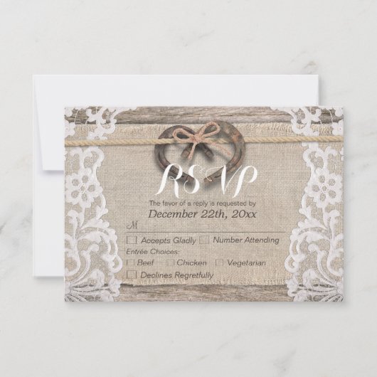 Rustikale Horseshoes Burlap Lace Wedding RSVP Antw Karte (Vorderseite)