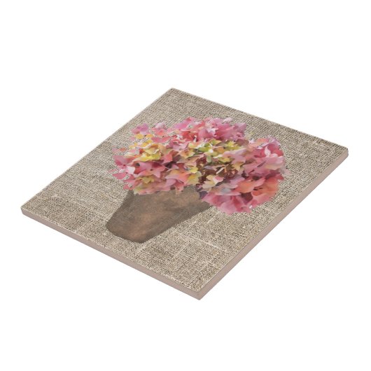 Rustikale Hortensie in Vase Blume auf Leinwand Fliese (Seite)