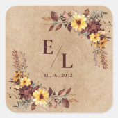 Rustikale hübsche Herbst-Blumen-Monogramm-Hochzeit Quadratischer Aufkleber (Vorderseite)