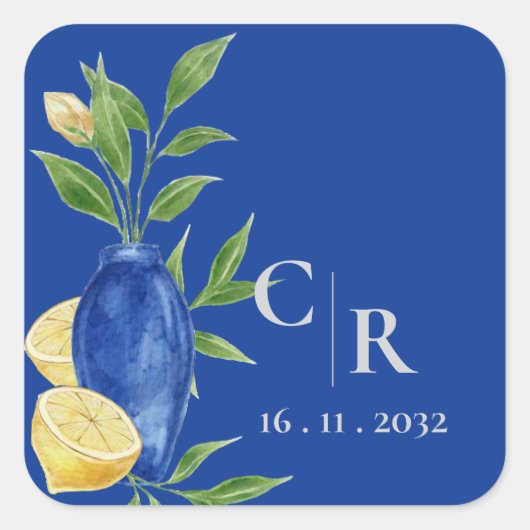 Rustikale Hübsche Monogram Blue Yellow Lemon Weddi Quadratischer Aufkleber (Vorderseite)