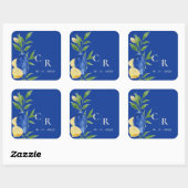 Rustikale Hübsche Monogram Blue Yellow Lemon Weddi Quadratischer Aufkleber (Blatt)