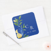 Rustikale Hübsche Monogram Blue Yellow Lemon Weddi Quadratischer Aufkleber (Umschlag)