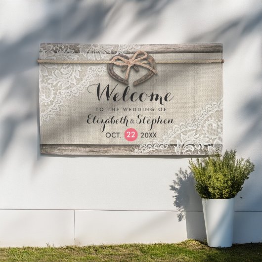 Rustikale Hufeisen Burlap Lace Wedding Willkommen Banner