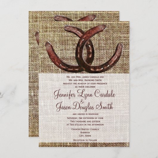 Rustikale Hufeisen Burlap Print Wedding Einladunge Einladung (Vorne/Hinten)