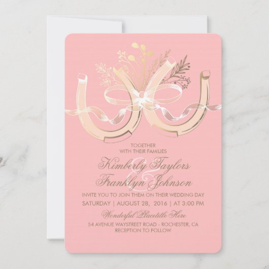 Rustikale Hufeisen Gold und Rosa Hochzeit Einladung (Vorderseite)
