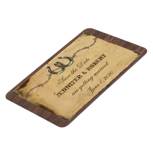 Rustikale Hufeisen Hochzeit retten das Datum Magnet (Linke Seite)