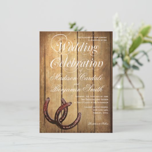 Rustikale Hufeisen Hochzeitsfeiern Einladung (Stehend Vorderseite)