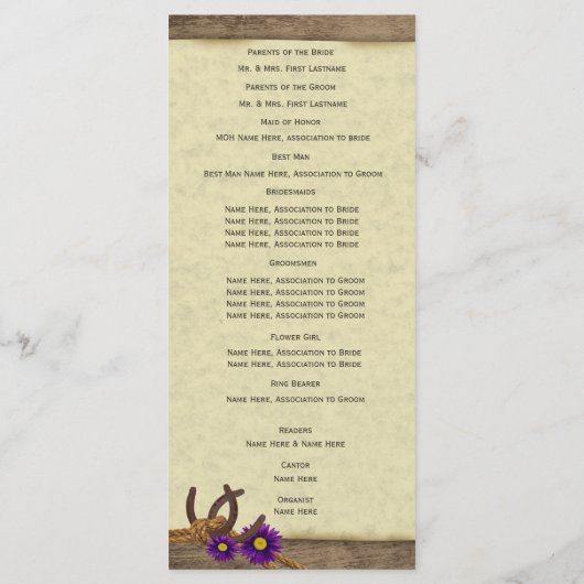 Rustikale Hufeisen Lila Daisy-Hochzeitsprogramm Programm (Rückseite)
