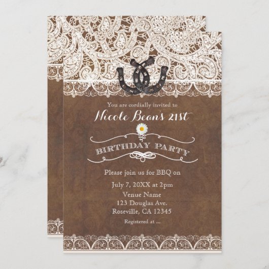 Rustikale Hufeisen & Spitzen Land GEBURTSTAG Einladung (Vorne/Hinten)