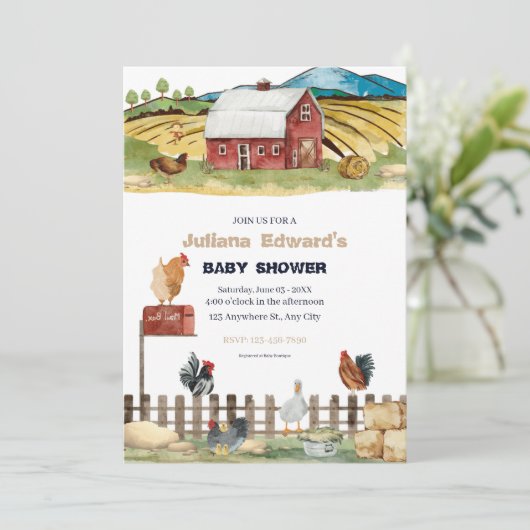 Rustikale Hühnerfarm Kinderdusche Einladung (Stehend Vorderseite)