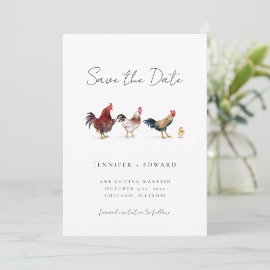 Rustikale Hühnerhochzeit rettet das Datum Save The Date (Stehend Vorderseite)