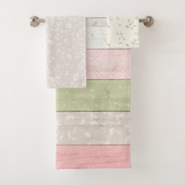 Rustikale Hütte Grün und Rosa Blumenholz Chic Badhandtuch Set