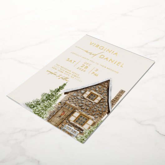 Rustikale Hütte Hütte Winterurlaub Hochzeit Folieneinladung (Gedreht)