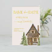 Rustikale Hütte Hütte Winterurlaub Save the Date Folieneinladung (Stehend vorne)