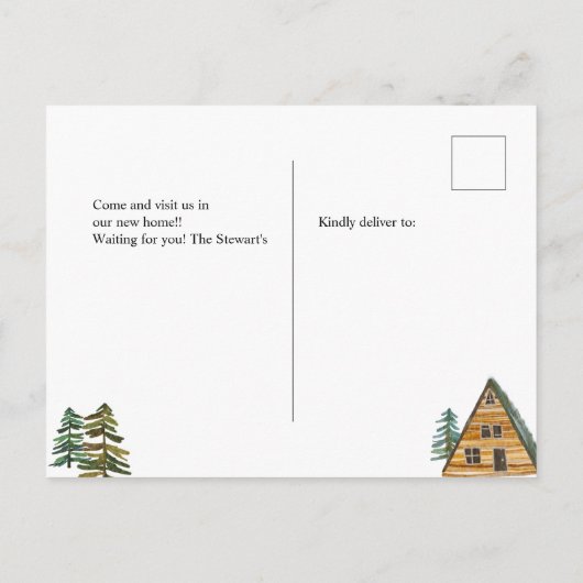 Rustikale Hütte im Wald, Wasserfarben, die sich be Ankündigungspostkarte (Rückseite)