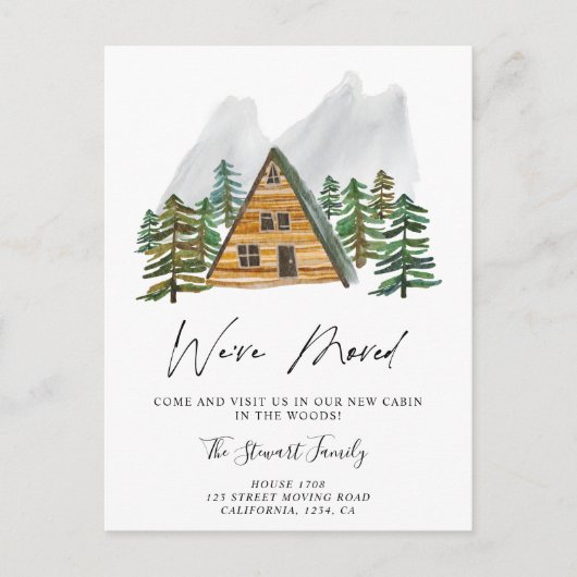 Rustikale Hütte im Wald, Wasserfarben, die sich be Ankündigungspostkarte (Vorderseite)