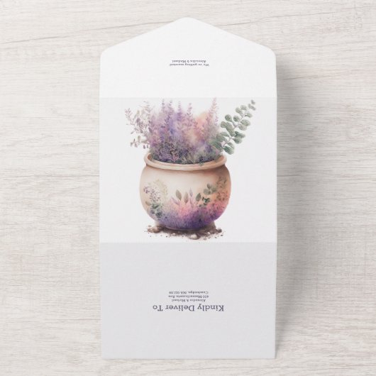 Rustikale Hütte Lila Lavendelhochzeit All In One Einladung (Außenbereich)