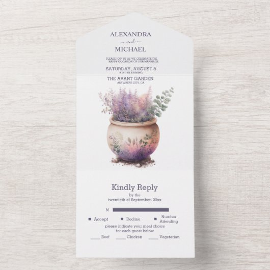 Rustikale Hütte Lila Lavendelhochzeit All In One Einladung (Innen Boden)