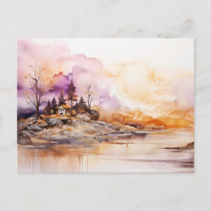 Rustikale Hütte Sonnenuntergang See Alcohol Ink Ku Postkarte