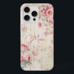 Rustikale Hütte Stil Rose auf altes Holz mit Namen iPhone 15 Pro Max Hülle<br><div class="desc">Charmante rustikale Hütte pastellrosa Rosen und leichte Blätter auf alten,  verwitterten Holzstruktur mit bearbeitbarem Textfeld für Ihren individuelle Name oder Monogramm.</div>