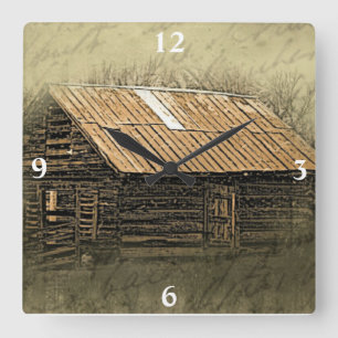 Rustikale Hütte Vintage verwitterte Postkarte Quad Quadratische Wanduhr