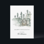 Rustikale Hütte Wasserfarbenwald Grün Personalisie Feiertagskarte<br><div class="desc">Personalisierte Rustikale Kabine Wasserfarbenwald Green Holiday Card</div>