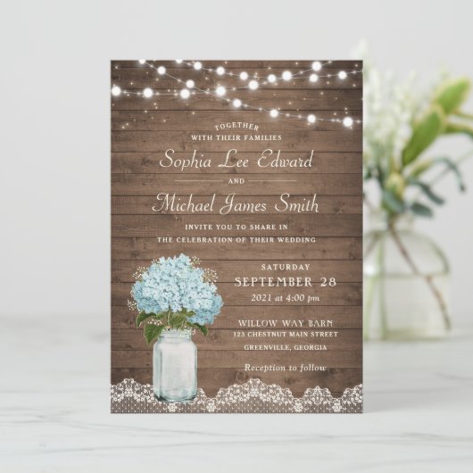 Rustikale Hydrangea Mason Jar String Lights Einladung (Stehend Vorderseite)