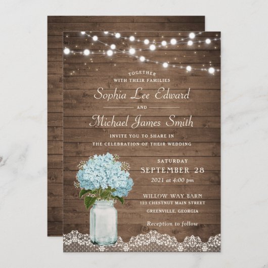 Rustikale Hydrangea Mason Jar String Lights Einladung (Vorne/Hinten)