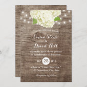 Rustikale Hydrangea & String Lights Barn Wood Wedd Einladung (Vorne/Hinten)